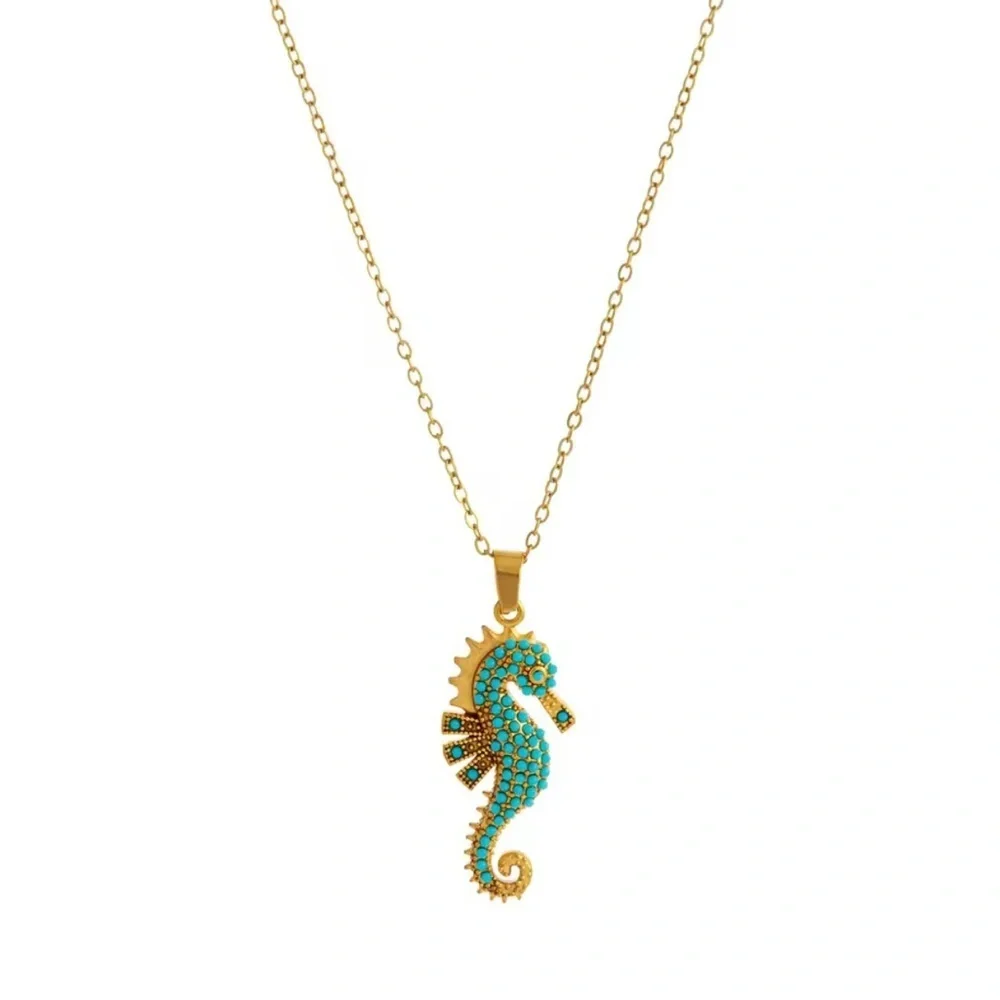 18K Gold Seahorse Micro Pave Turquoise Gemstones Bohemian Minimalist Nautical